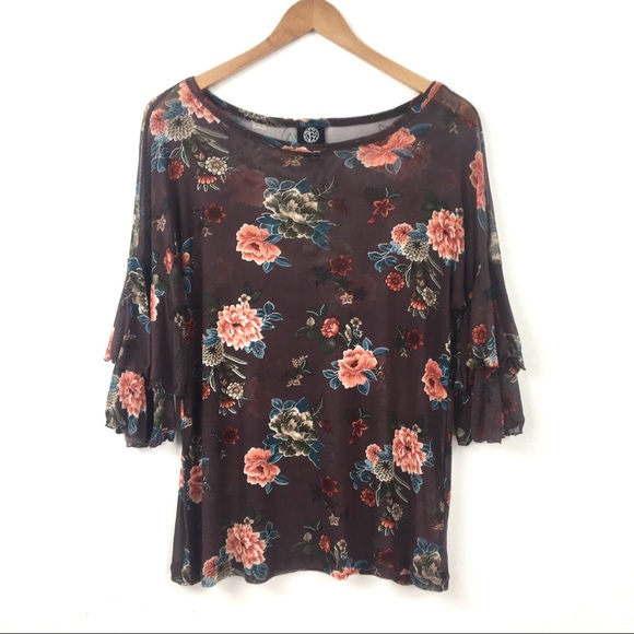 bobeau Tops - SALE Bobeau |Floral Ruffle Bell Sleeve Mesh Blouse